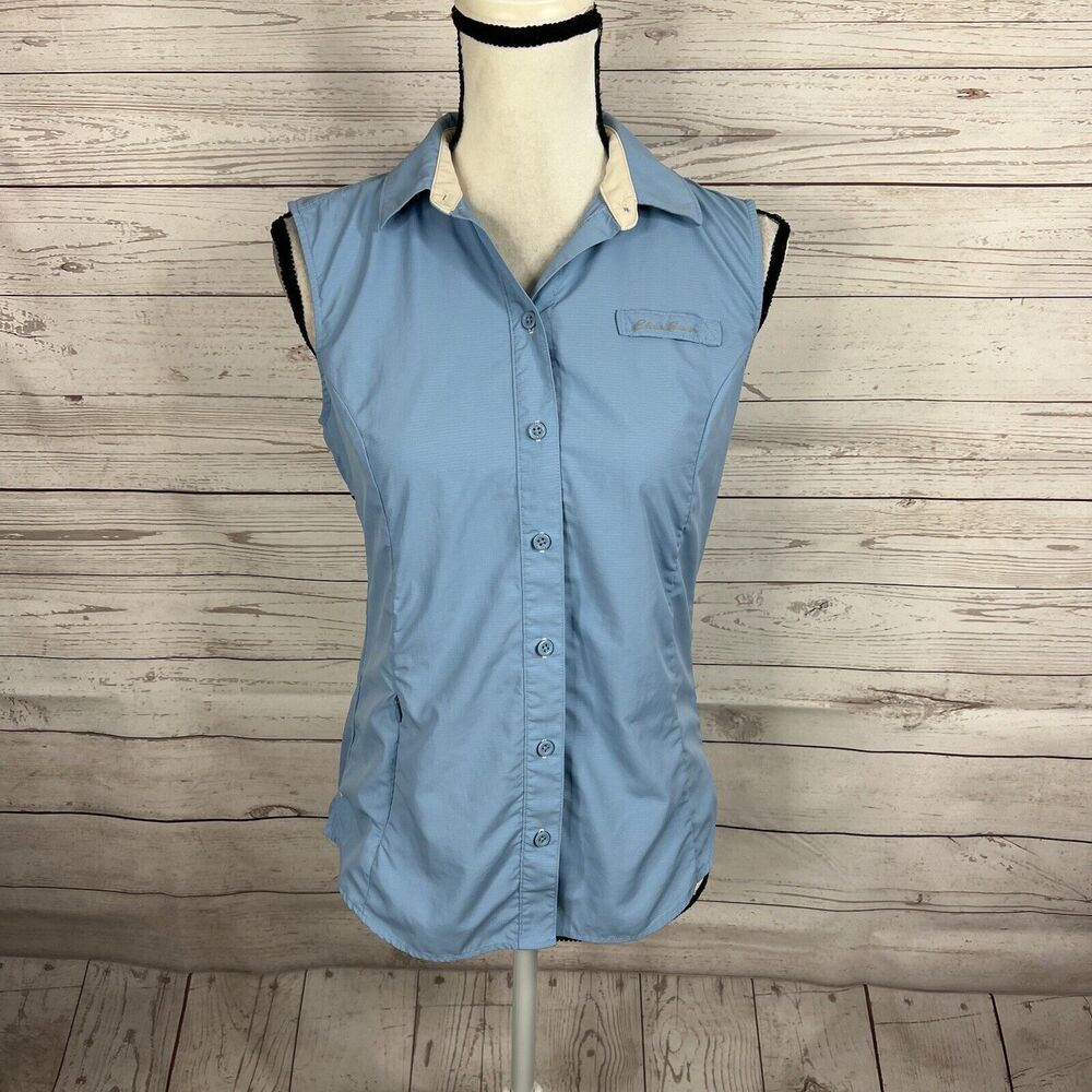 Eddie Bauer Womens Sleeveless Button Up Shirt Size XS Blue Nylon Zip Pocket